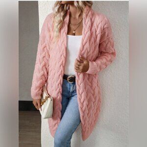 Cable Knit Drop Shoulder Duster Cardigan Pink